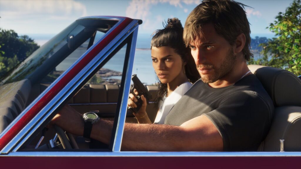 Lucia and Jason ride in an open-top red, white and blue car, Lucia holding a pistol. Image: Rockstar Games.