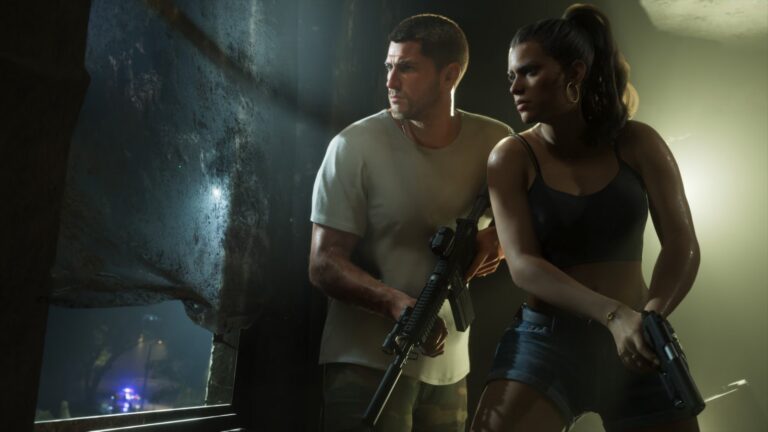 Jason and Lucia stand back to back with guns in a dark alley. Image: Rockstar Games.