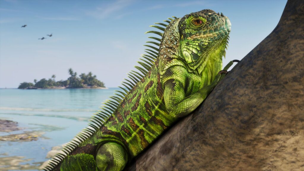 A green iguana on a rock over the turquoise water of the Leonida Keys, a small island and birds behind. Image: Rockstar Games.