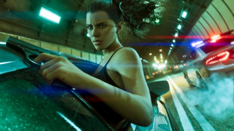 Lucia fires a pistol from a car window during a tunnel chase, police lights behind. Image: Rockstar Games.