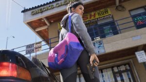 Lucia with a purple bag and pistol outside a cheque-cashing store. Image: Rockstar Games.