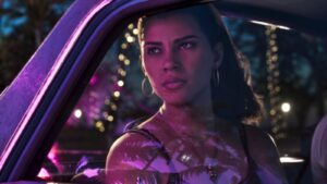 Lucia looks out of the window of a purple car at night. Image: Rockstar Games.