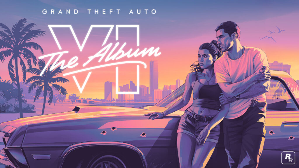 Grand Theft Auto VI: The Album key art: Jason and Lucia against a car at sunset with the album title over the VI logo. Image: Rockstar Games.