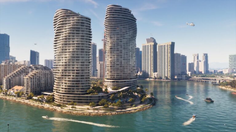 Two curved glass towers on the Vice City waterfront, boats on the water below. Image: Rockstar Games.