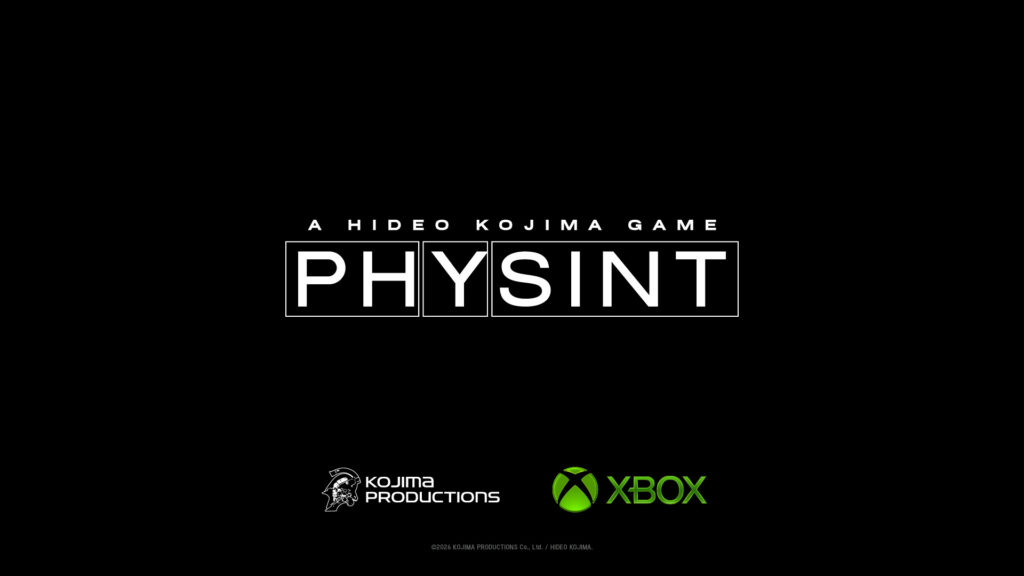 Physint title logo in white on black, marked A Hideo Kojima Game, with the Kojima Productions and Xbox logos beneath it. Image: Kojima Productions.