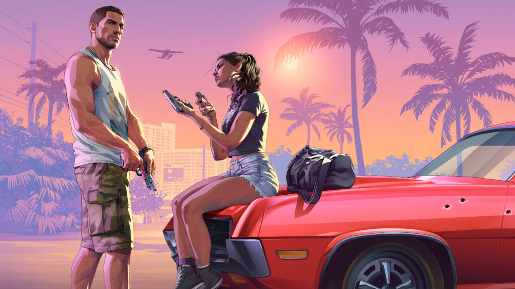 Jason and Lucia Lock and Load key art: Jason stands in a vest and camouflage shorts holding a pistol at his side while Lucia sits on the bonnet of a red muscle car loading a magazine into her pistol, a black duffel bag beside her, bullet holes in the wing, palms and a seaplane against a pink sunset. Image: Rockstar Games.