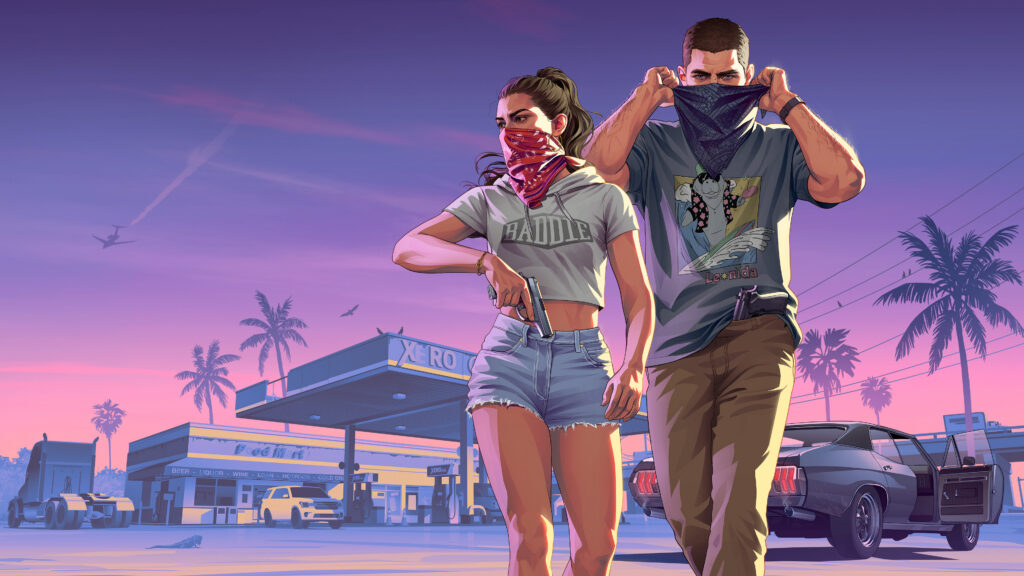 Jason and Lucia Robbery key art: Lucia in a red bandana mask and a cropped Baddie T-shirt tucks a pistol into her shorts while Jason pulls a blue bandana over his face, a Xero petrol station and Food Mart behind them, a muscle car with its door open at right and an iguana on the forecourt. Image: Rockstar Games.