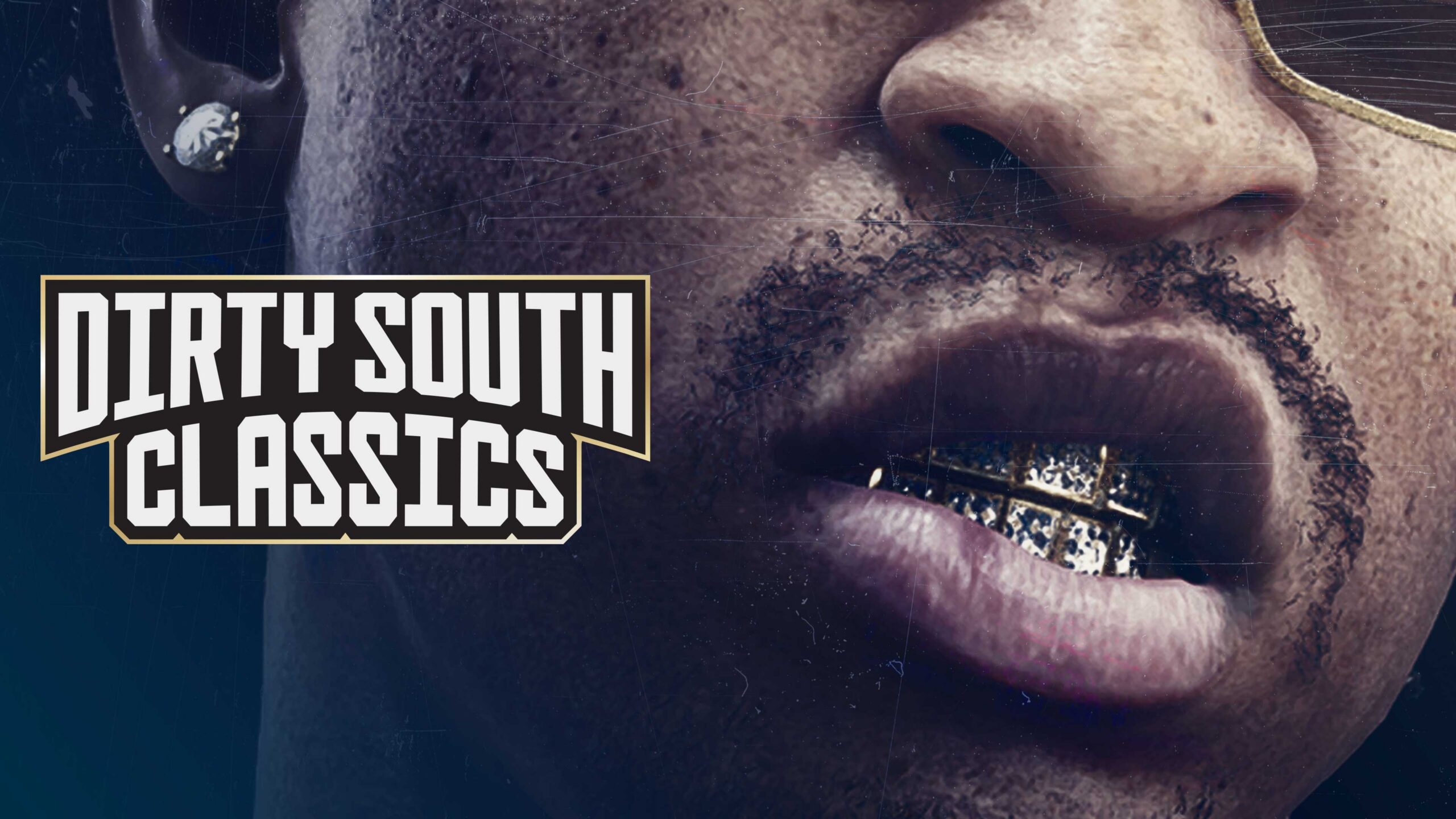 Dirty South Classics station artwork: a close-up of a character’s mouth showing diamond grills, with the station logo at left. Image: Rockstar Games.