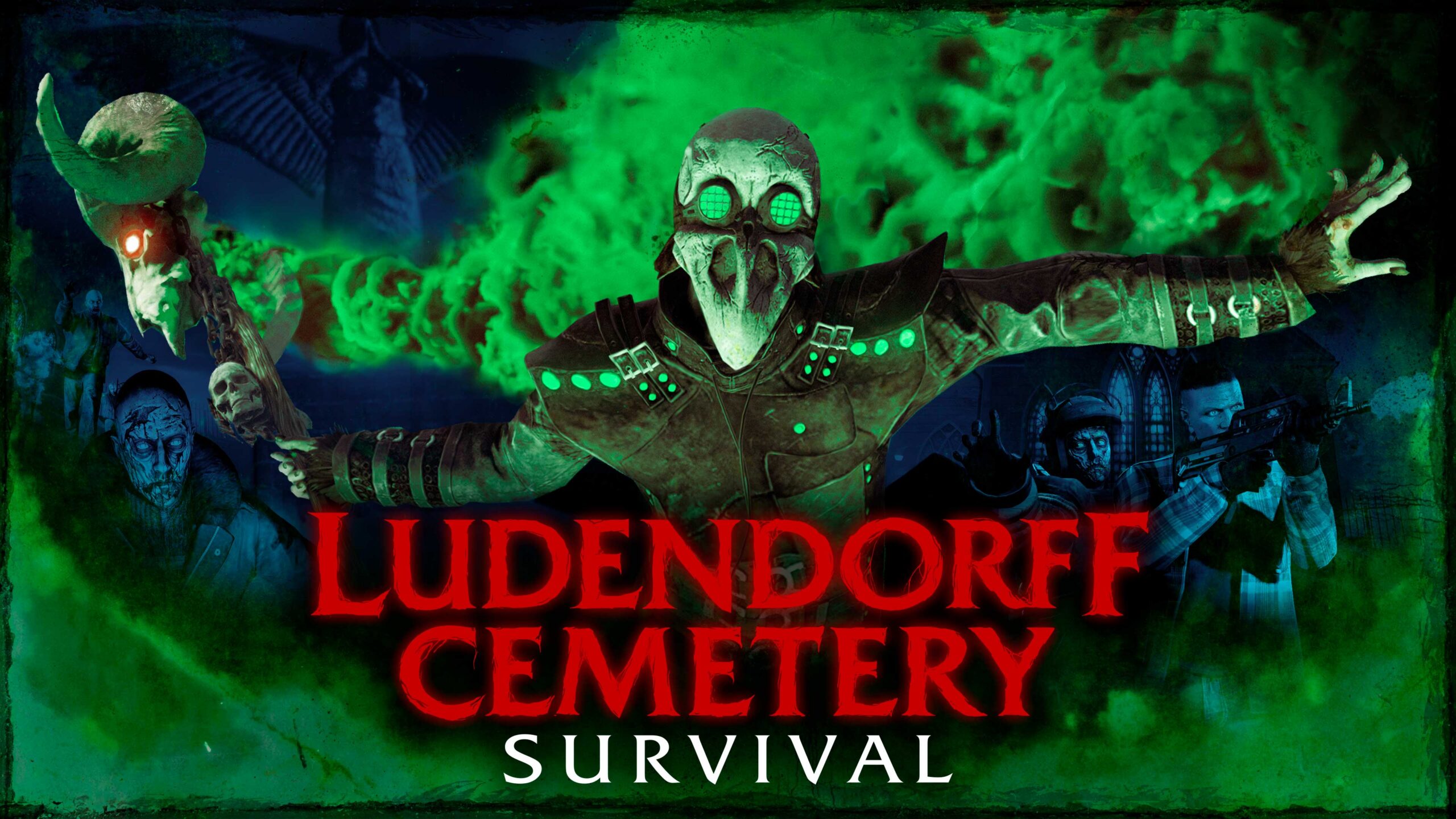 Ludendorff Cemetery Survival poster for GTA Online: a skull-masked figure with glowing green goggles holds a horned staff in green smoke, with undead figures on the left and armed players on the right. Image: Rockstar Games.