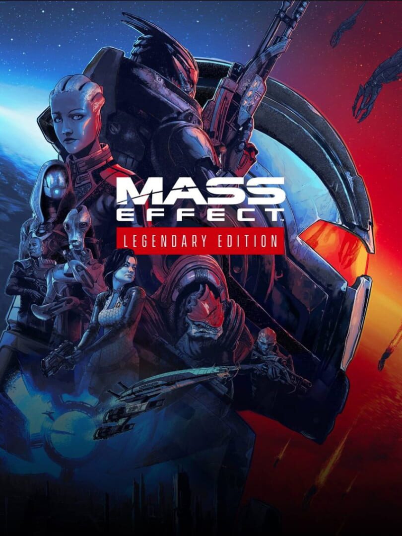 Mass Effect Legendary Edition cover art: the trilogy's squad, including Liara, Garrus and Wrex, in front of a Reaper, with the Normandy below. Image: Electronic Arts/BioWare.